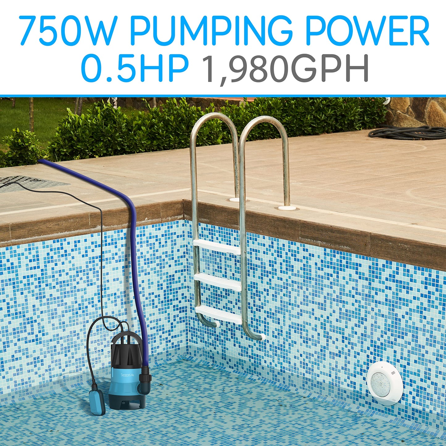 SereneLife 1/2HP Sump Pump Submersible, 1980GPH Water Pump for Pool Draining with Auto Float Switch, 3pc Adapter Set for USA Garden and Flat Hose, 16ft Cord, Clean Dirty Water, Yard, Pool, Tub, Pond