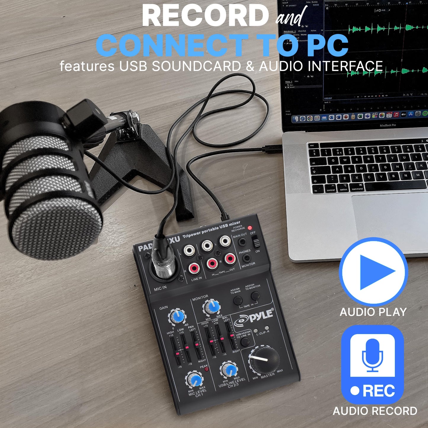 Pyle 5-Channel Audio Mixer - DJ Sound Controller with USB Soundcard for PC Recording - XLR/3.5mm Mic Jack - 18V Phantom Power - RCA Inputs/Outputs - 2-Band EQ - Low Noise Design - PAD20MXU