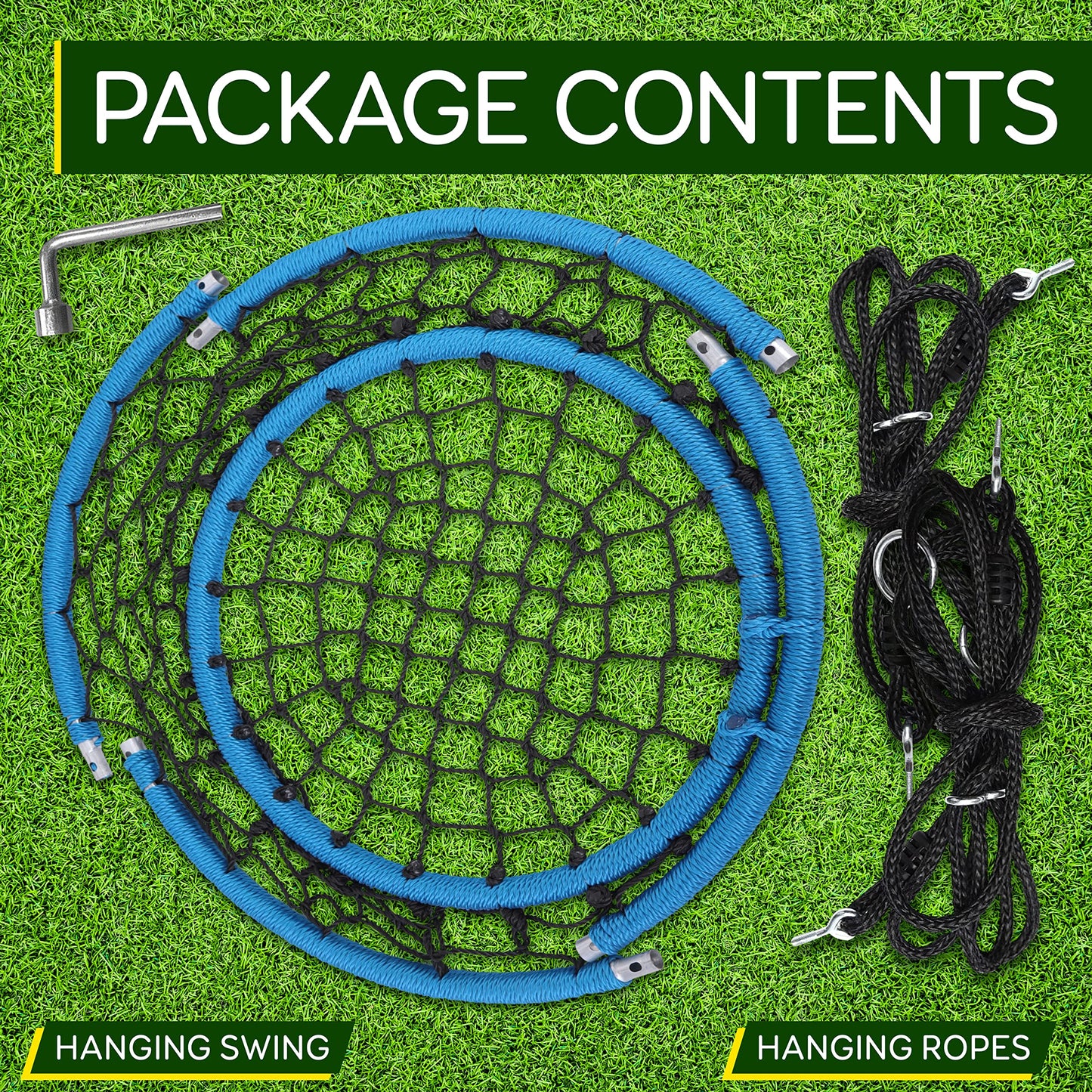 SereneLife Hanging Netted Seat Swing - 35.5" Inch Kids Indoor Outdoor Yard Round Circle Saucer Swing for Trees or Swing Sets - All Season UV Resistant Rope Swing Net Seat - SLSWNG125