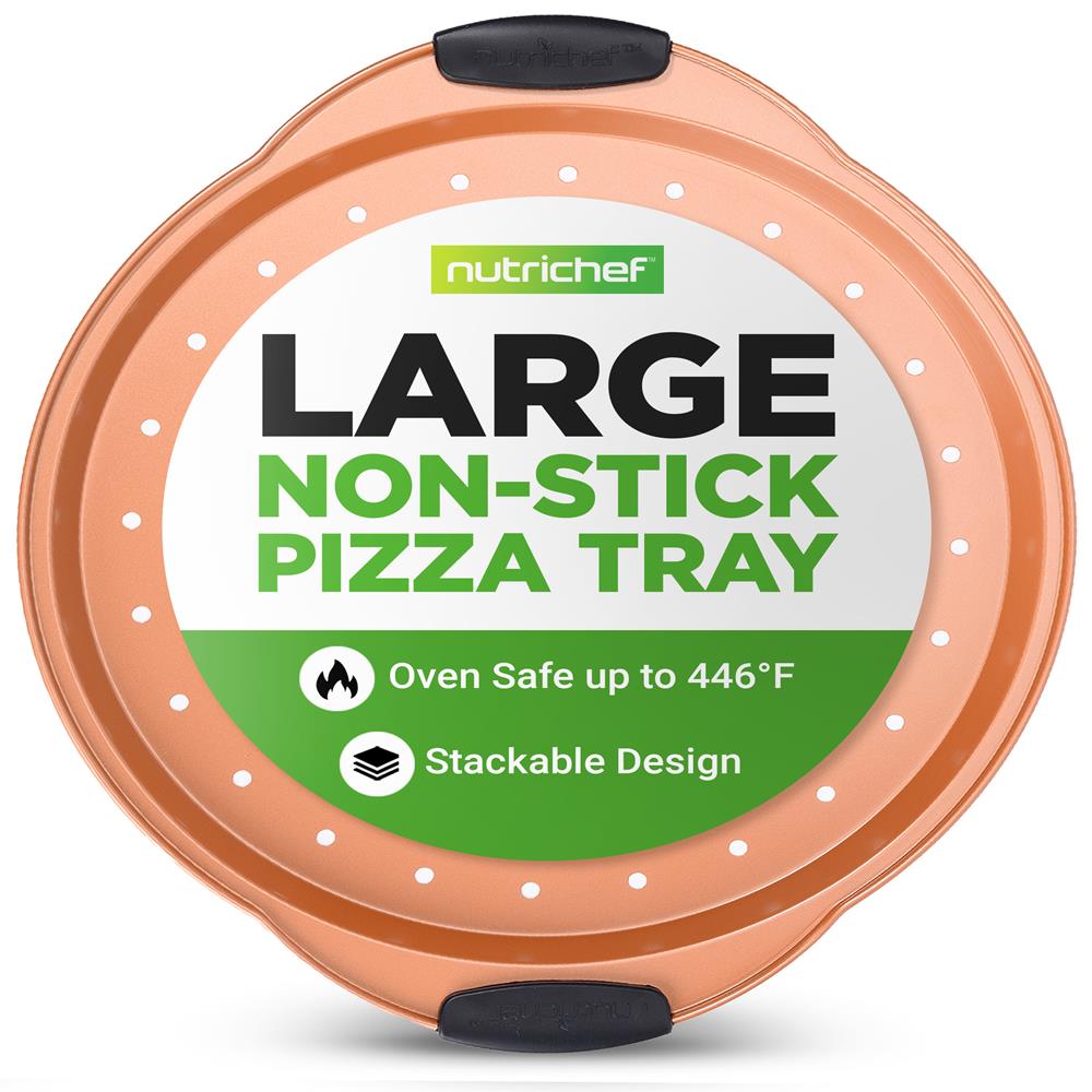 NutriChef 13-Inch Nonstick Pizza Tray - Round Carbon Steel Non-Stick Pizza Baking Pan with Perforated Holes, Premium Bakeware Pizza Screen with Silicone Grip Handles, Dishwasher Safe - Copper