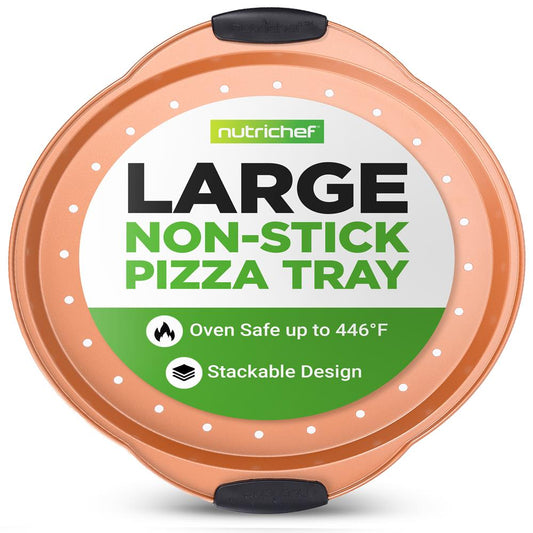 NutriChef 13-Inch Nonstick Pizza Tray - Round Carbon Steel Non-Stick Pizza Baking Pan with Perforated Holes, Premium Bakeware Pizza Screen with Silicone Grip Handles, Dishwasher Safe - Copper