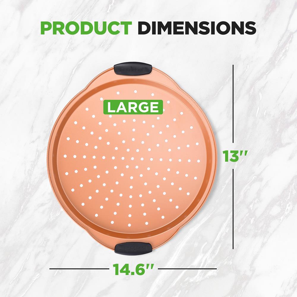 NutriChef 13-Inch Nonstick Pizza Tray - Round Carbon Steel Non-Stick Pizza Baking Pan with Perforated Holes, Premium Bakeware Pizza Screen with Silicone Grip Handles, Dishwasher Safe - Copper