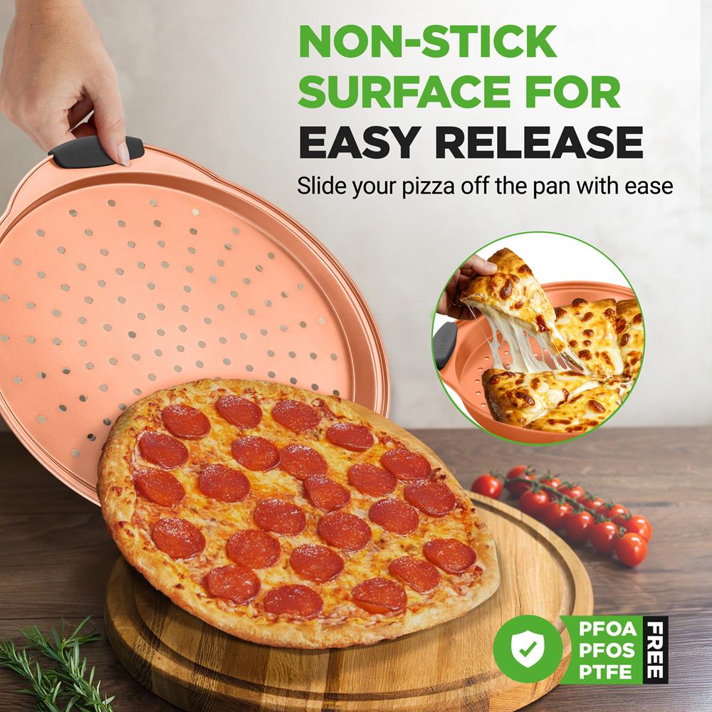 NutriChef 13-Inch Nonstick Pizza Tray - Round Carbon Steel Non-Stick Pizza Baking Pan with Perforated Holes, Premium Bakeware Pizza Screen with Silicone Grip Handles, Dishwasher Safe - Copper