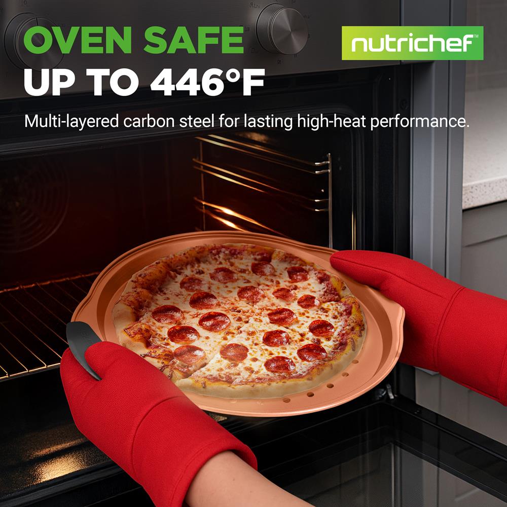 NutriChef 13-Inch Nonstick Pizza Tray - Round Carbon Steel Non-Stick Pizza Baking Pan with Perforated Holes, Premium Bakeware Pizza Screen with Silicone Grip Handles, Dishwasher Safe - Copper