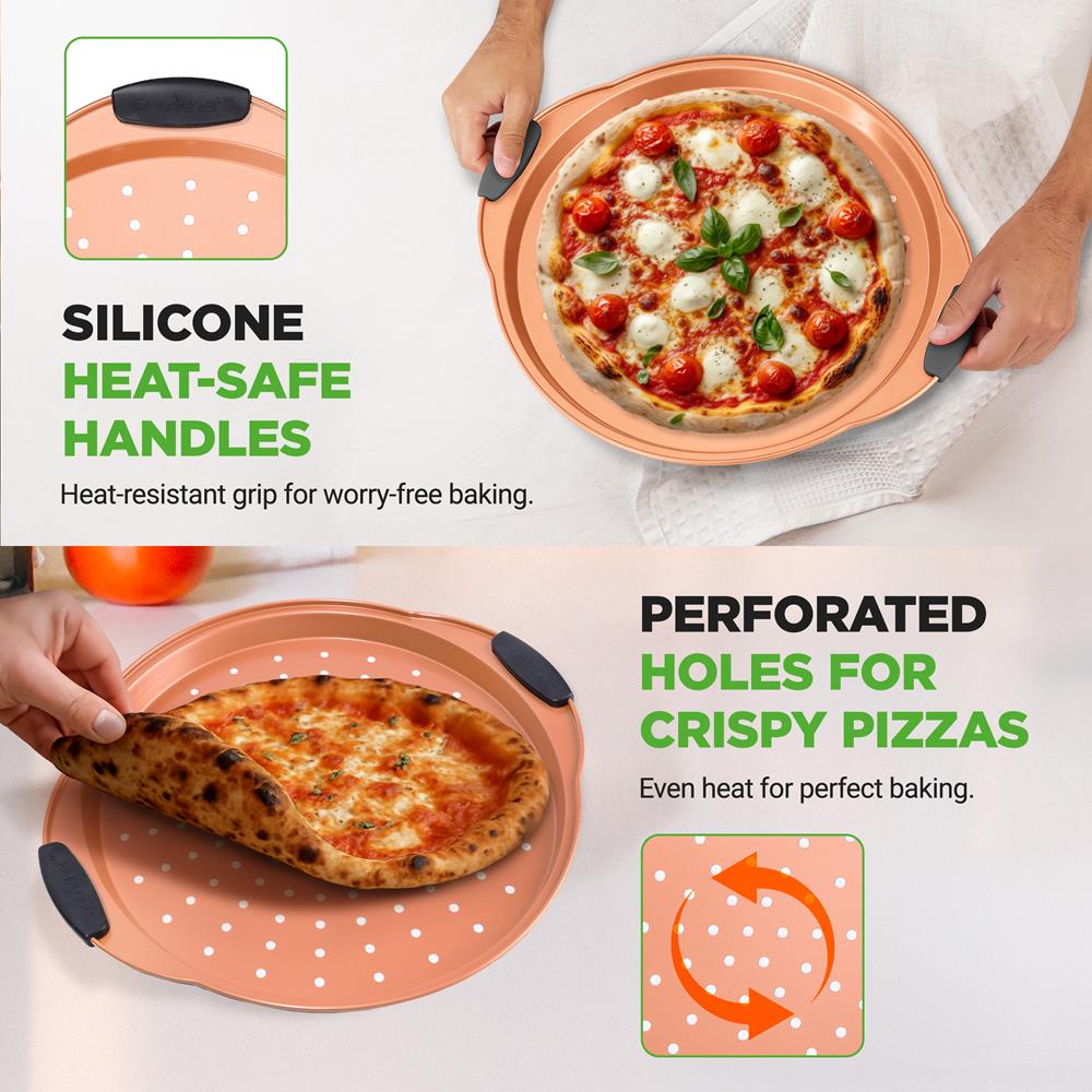 NutriChef 13-Inch Nonstick Pizza Tray - Round Carbon Steel Non-Stick Pizza Baking Pan with Perforated Holes, Premium Bakeware Pizza Screen with Silicone Grip Handles, Dishwasher Safe - Copper