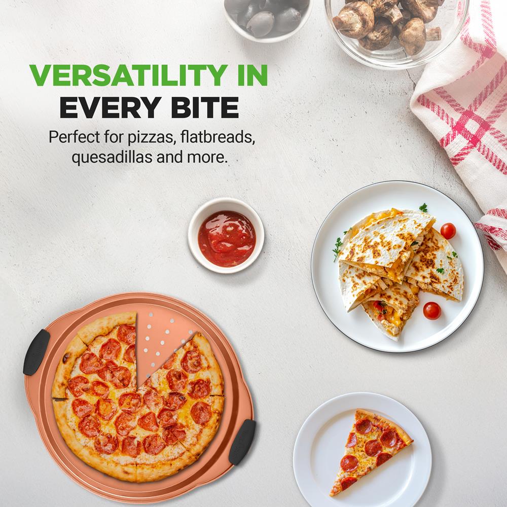 NutriChef 13-Inch Nonstick Pizza Tray - Round Carbon Steel Non-Stick Pizza Baking Pan with Perforated Holes, Premium Bakeware Pizza Screen with Silicone Grip Handles, Dishwasher Safe - Copper