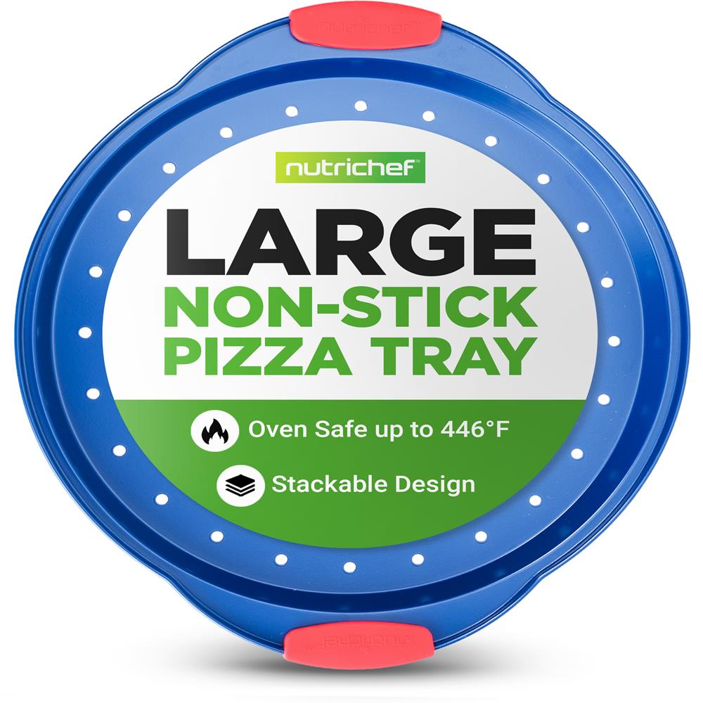 NutriChef 13-Inch Nonstick Pizza Tray - Round Carbon Steel Non-Stick Pizza Baking Pan with Perforated Holes, Premium Bakeware Pizza Screen with Silicone Grip Handles, Dishwasher Safe - Blue