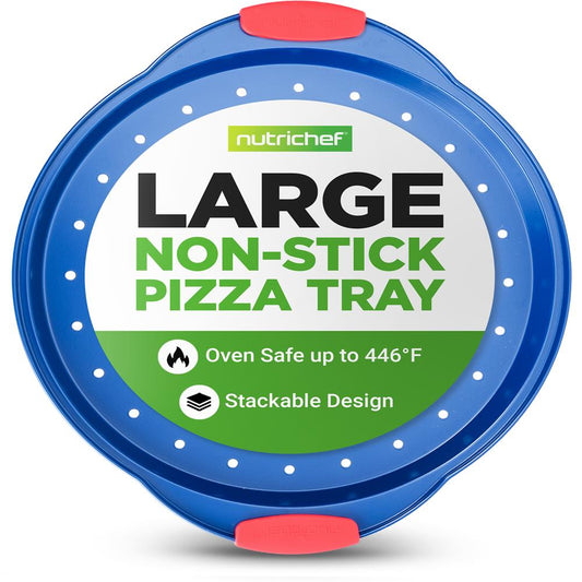 NutriChef 13-Inch Nonstick Pizza Tray - Round Carbon Steel Non-Stick Pizza Baking Pan with Perforated Holes, Premium Bakeware Pizza Screen with Silicone Grip Handles, Dishwasher Safe - Blue