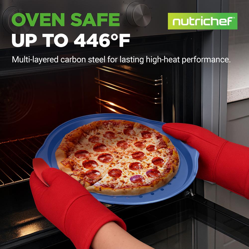 NutriChef 13-Inch Nonstick Pizza Tray - Round Carbon Steel Non-Stick Pizza Baking Pan with Perforated Holes, Premium Bakeware Pizza Screen with Silicone Grip Handles, Dishwasher Safe - Blue