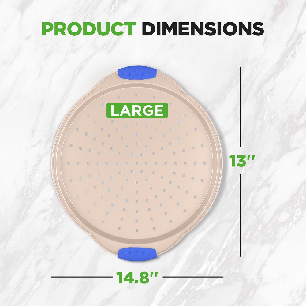 NutriChef 13-Inch Non-Stick Pizza Tray - with Silicone Handle, Round Steel Non-stick Pan with Perforated Holes, Premium Bakeware, Pizza Tray with Extended Handles, Dishwasher Safe - Champagne Gold