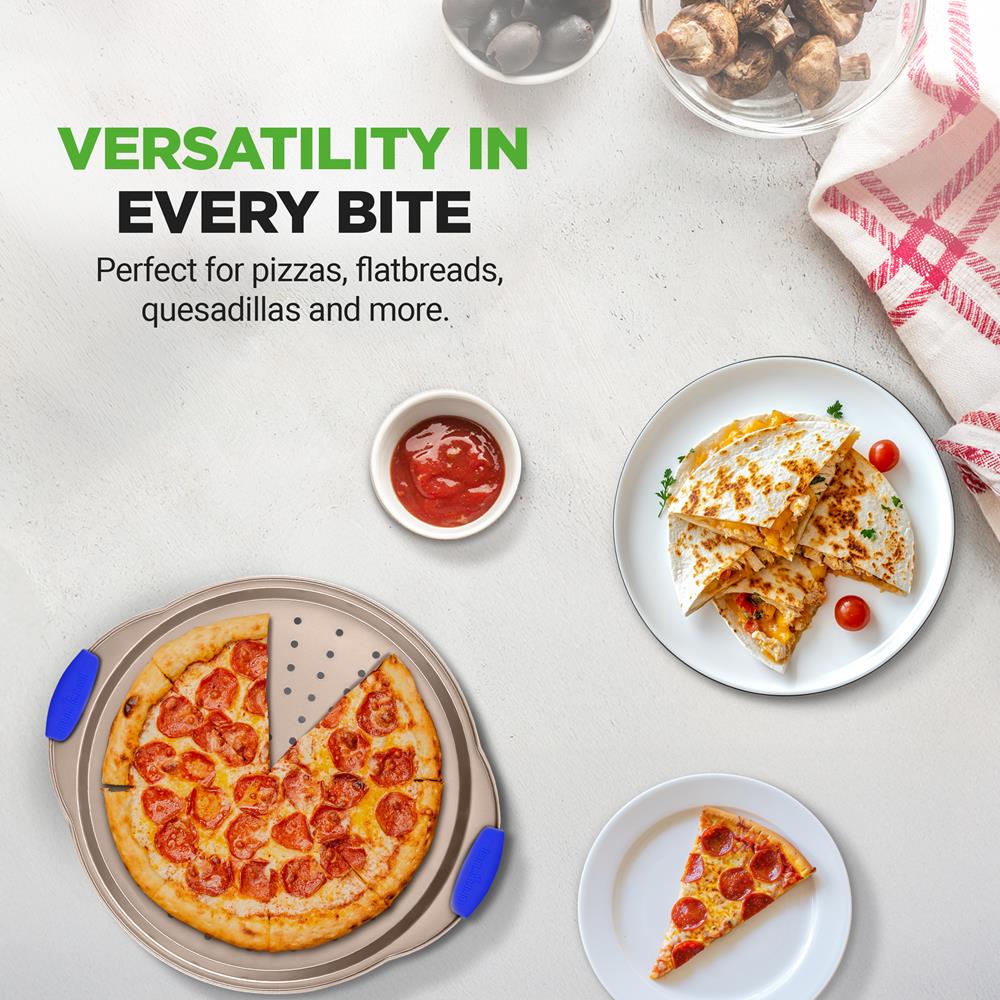 NutriChef 13-Inch Non-Stick Pizza Tray - with Silicone Handle, Round Steel Non-stick Pan with Perforated Holes, Premium Bakeware, Pizza Tray with Extended Handles, Dishwasher Safe - Champagne Gold