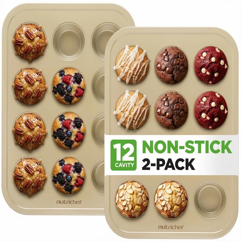 NutriChef 12 Cup Nonstick Muffin Pans for Cupcakes, 2-Piece Cupcake Mould, Non-Toxic Carbon Steel Stackable Cup Cake Tray, Dishwasher Safe, Easy Release, Easy clean - Gold