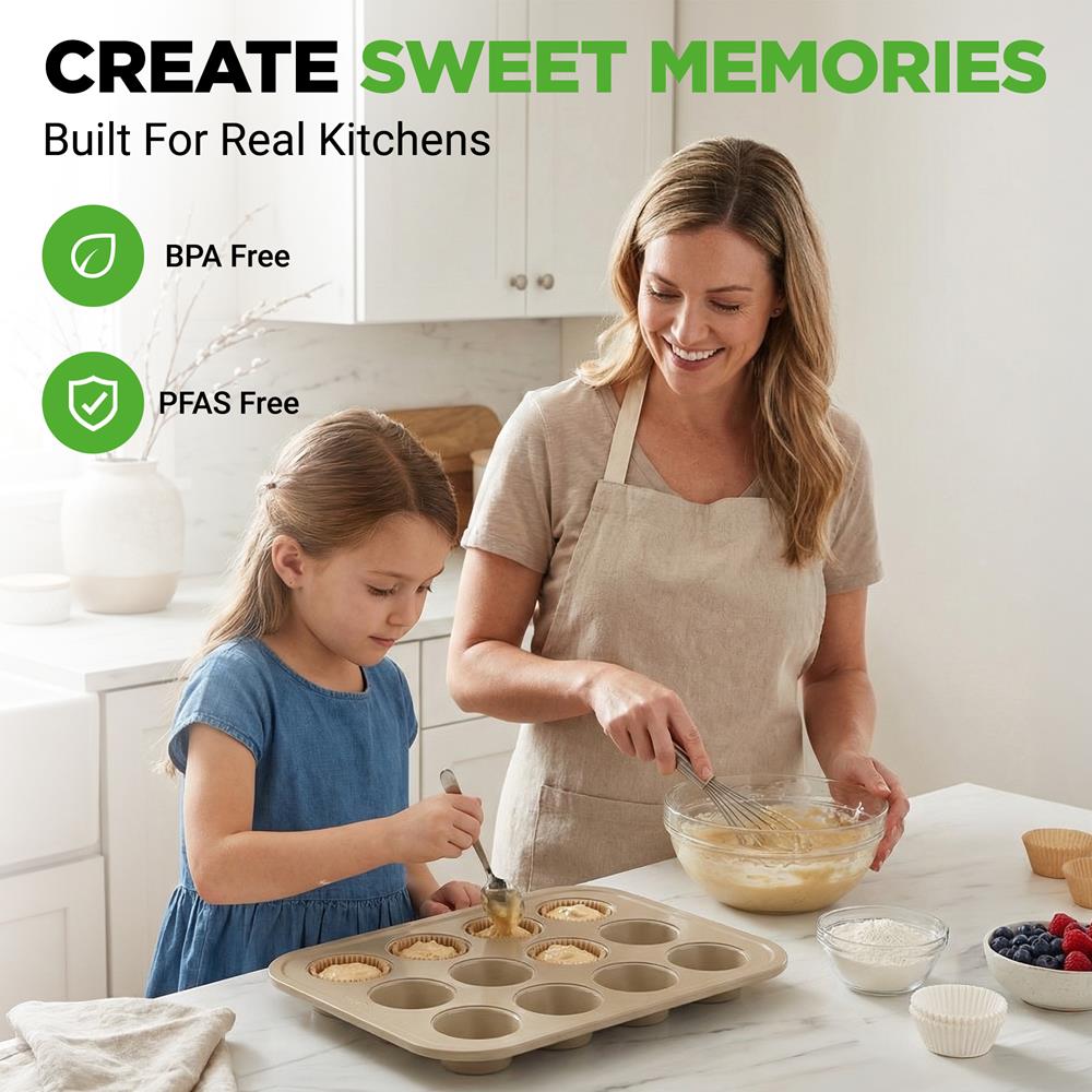 NutriChef 12 Cup Nonstick Muffin Pans for Cupcakes, 2-Piece Cupcake Mould, Non-Toxic Carbon Steel Stackable Cup Cake Tray, Dishwasher Safe, Easy Release, Easy clean - Gold