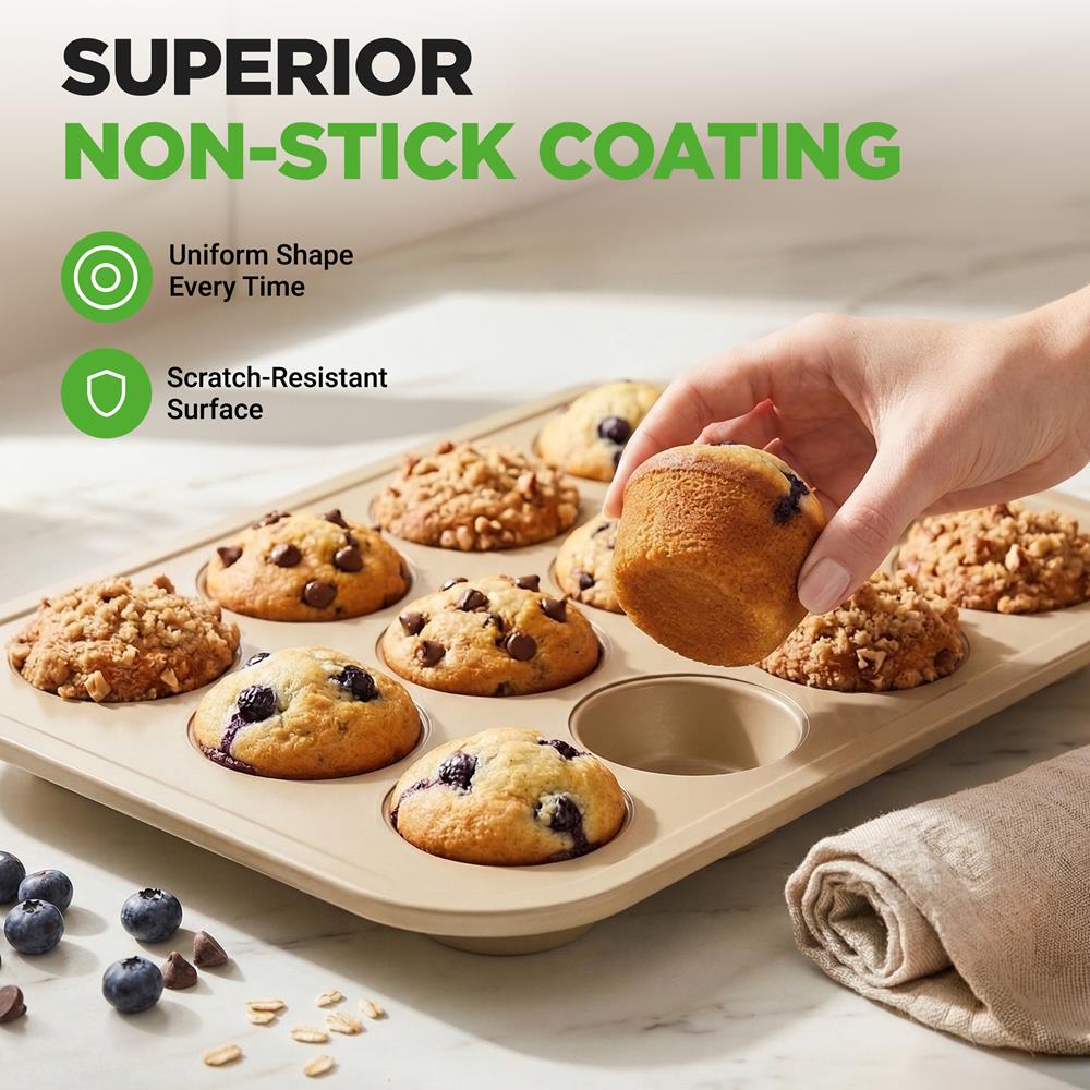 NutriChef 12 Cup Nonstick Muffin Pans for Cupcakes, 2-Piece Cupcake Mould, Non-Toxic Carbon Steel Stackable Cup Cake Tray, Dishwasher Safe, Easy Release, Easy clean - Gold