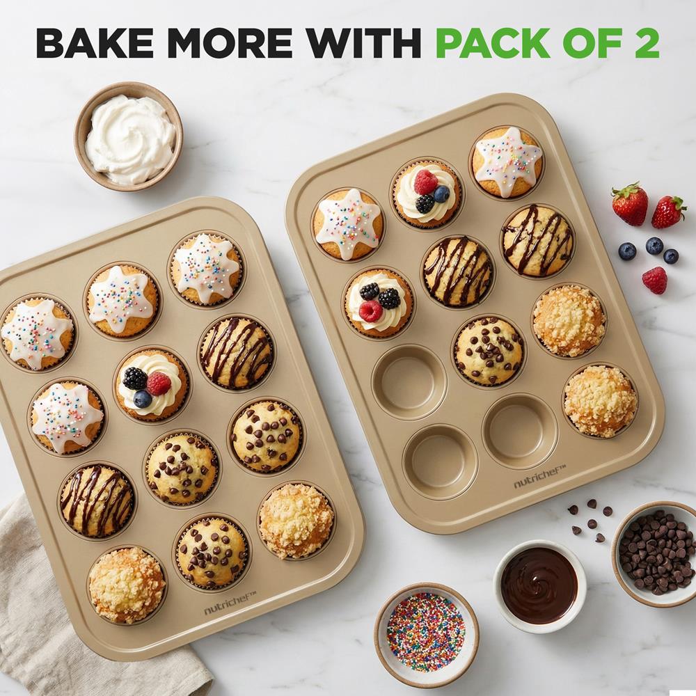 NutriChef 12 Cup Nonstick Muffin Pans for Cupcakes, 2-Piece Cupcake Mould, Non-Toxic Carbon Steel Stackable Cup Cake Tray, Dishwasher Safe, Easy Release, Easy clean - Gold