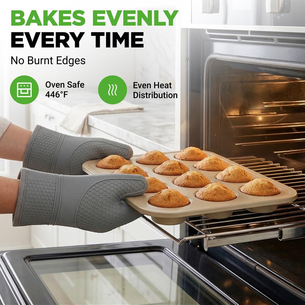 NutriChef 12 Cup Nonstick Muffin Pans for Cupcakes, 2-Piece Cupcake Mould, Non-Toxic Carbon Steel Stackable Cup Cake Tray, Dishwasher Safe, Easy Release, Easy clean - Gold