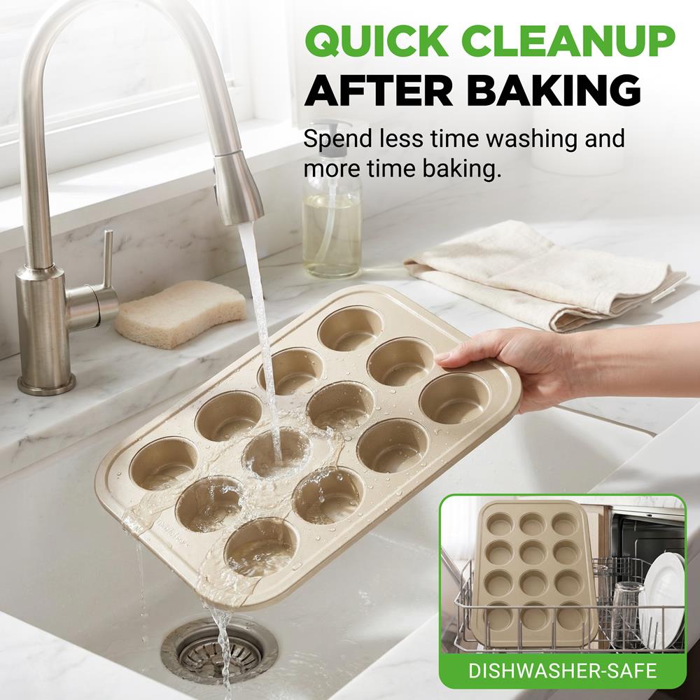 NutriChef 12 Cup Nonstick Muffin Pans for Cupcakes, 2-Piece Cupcake Mould, Non-Toxic Carbon Steel Stackable Cup Cake Tray, Dishwasher Safe, Easy Release, Easy clean - Gold