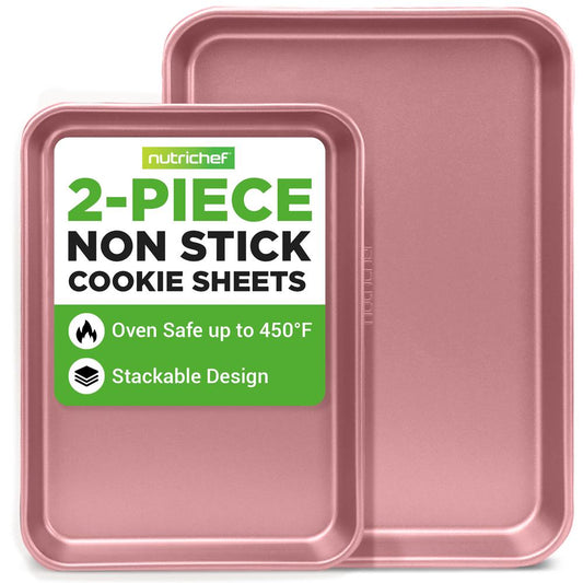 NutriChef 2-Piece Nonstick Cookie Sheets for Baking - Premium Medium & Large Size Baking Sheet Set - Thick Carbon Steel Bakeware Trays - Dishwasher Safe, Rose Gold
