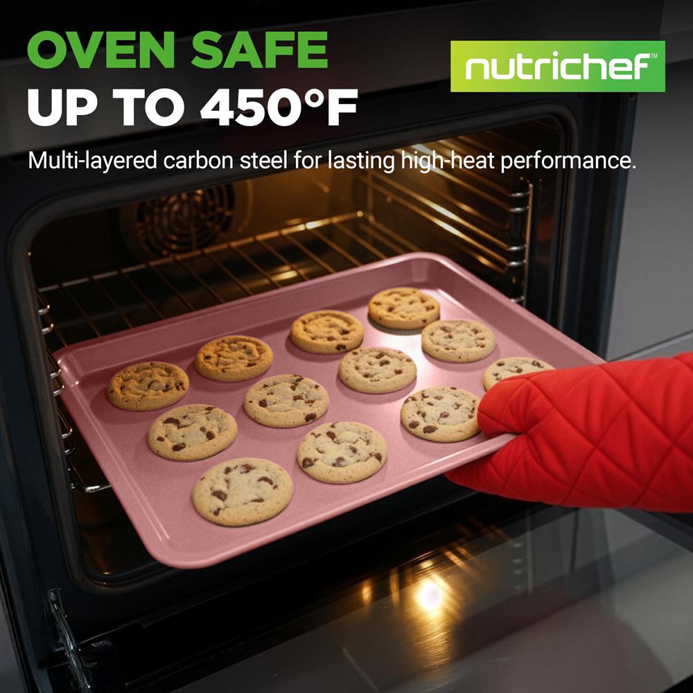 NutriChef 2-Piece Nonstick Cookie Sheets for Baking - Premium Medium & Large Size Baking Sheet Set - Thick Carbon Steel Bakeware Trays - Dishwasher Safe, Rose Gold