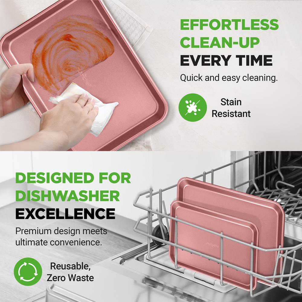NutriChef 2-Piece Nonstick Cookie Sheets for Baking - Premium Medium & Large Size Baking Sheet Set - Thick Carbon Steel Bakeware Trays - Dishwasher Safe, Rose Gold
