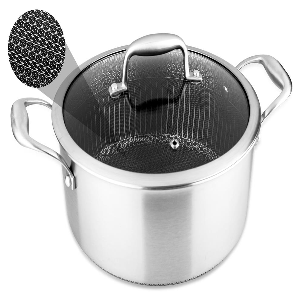 NutriChef 5 QT Stainless Steel Stew Pot - Triply Kitchenware Stew Pot with Glass Lid - DAKIN Etching Non-Stick Coating, Scratch-resistant Raised-up Honeycomb Fire Textured Pattern - NutriChef NC3PCAS