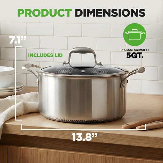 NutriChef 5 QT Stainless Steel Stew Pot - Triply Kitchenware Stew Pot with Glass Lid - DAKIN Etching Non-Stick Coating, Scratch-resistant Raised-up Honeycomb Fire Textured Pattern - NutriChef NC3PCAS