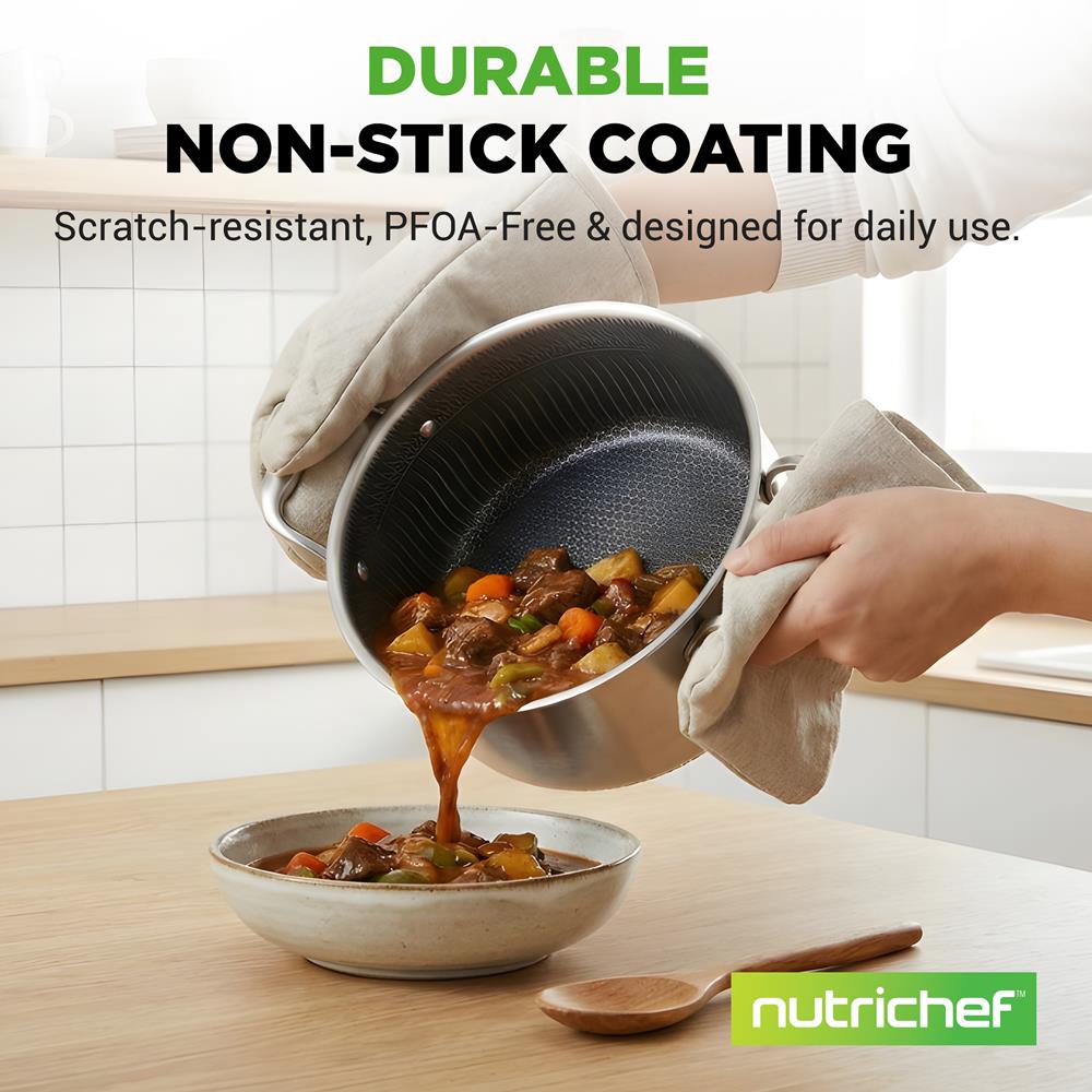 NutriChef 5 QT Stainless Steel Stew Pot - Triply Kitchenware Stew Pot with Glass Lid - DAKIN Etching Non-Stick Coating, Scratch-resistant Raised-up Honeycomb Fire Textured Pattern - NutriChef NC3PCAS