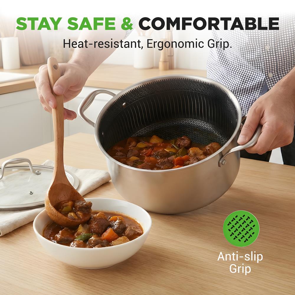 NutriChef 5 QT Stainless Steel Stew Pot - Triply Kitchenware Stew Pot with Glass Lid - DAKIN Etching Non-Stick Coating, Scratch-resistant Raised-up Honeycomb Fire Textured Pattern - NutriChef NC3PCAS