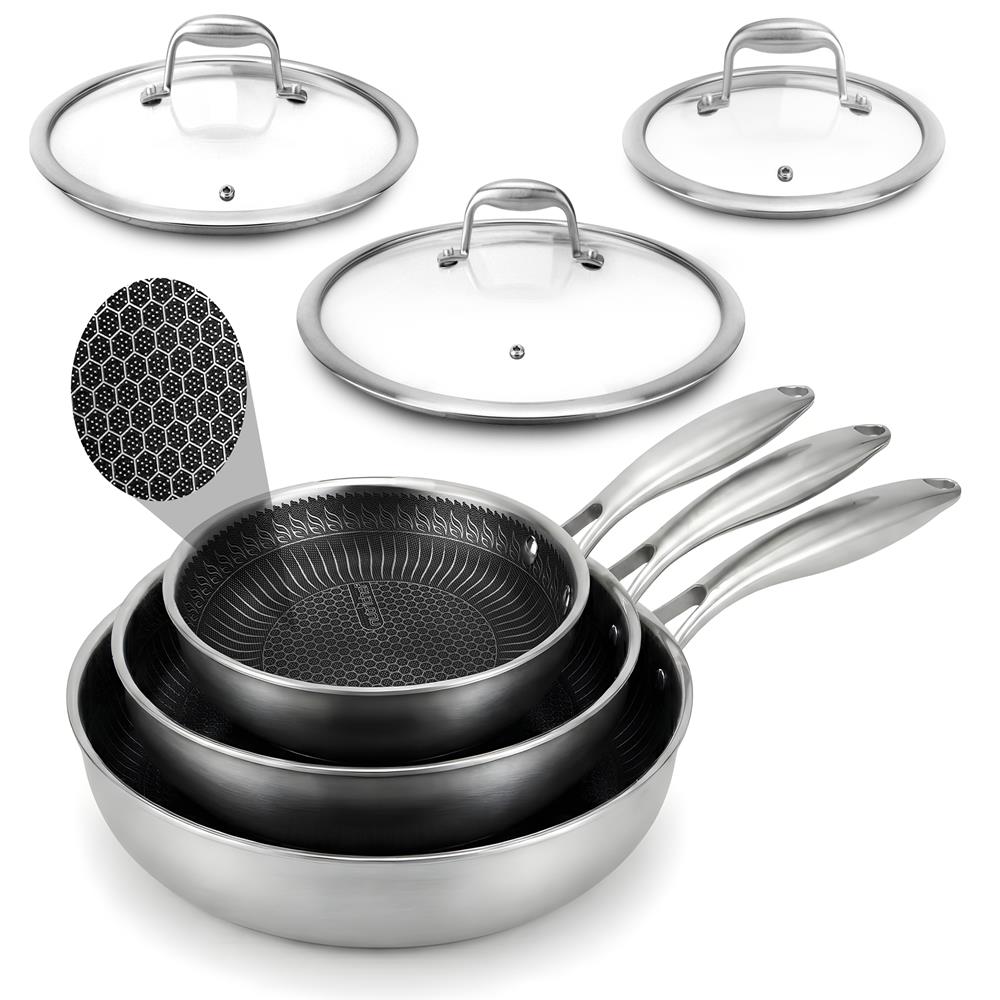 NutriChef 6-Piece Tri-Ply Stainless Steel Frying Pan Set – 8", 10", 12" Non-Stick Skillets with Lids, Induction Compatible, Oven Safe, Scratch-Resistant, Dishwasher Safe
