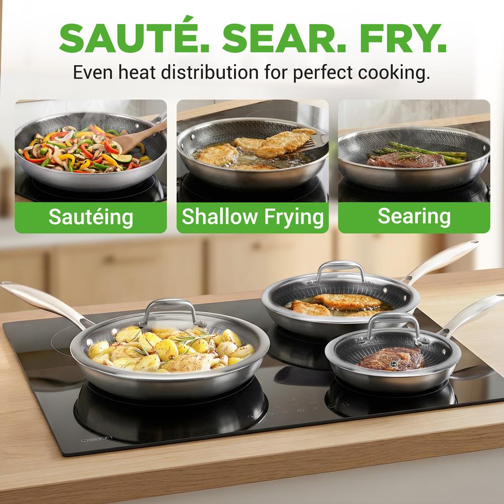 NutriChef 6-Piece Tri-Ply Stainless Steel Frying Pan Set – 8", 10", 12" Non-Stick Skillets with Lids, Induction Compatible, Oven Safe, Scratch-Resistant, Dishwasher Safe