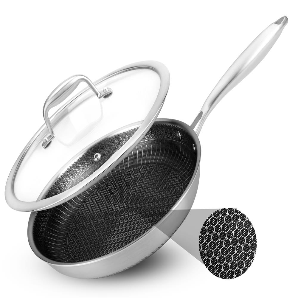 NutriChef 10" Stainless Steel Frying Pan - Triply Kitchenware Stir Fry Pan Kitchen Cookware w/DAKIN Etching Non-Stick Coating, Scratch-resistant Raised-up Honeycomb Fire Textured Pattern NC3PL10