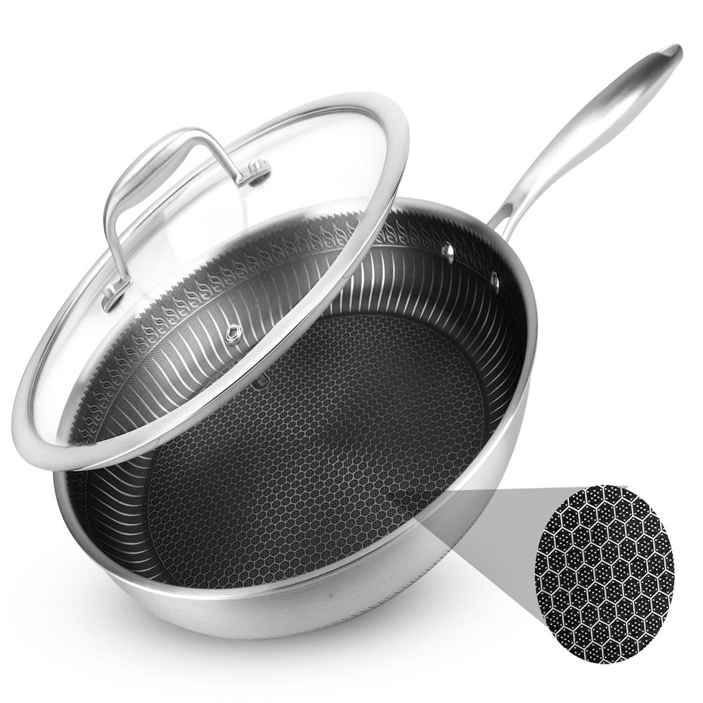 NutriChef 12" Stainless Steel Frying Pan - Triply Hybrid Skillet w/DAKIN Etching Non-Stick Coating, Scratch-resistant Raised-up Honeycomb Fire Textured Pattern, NC3PL12