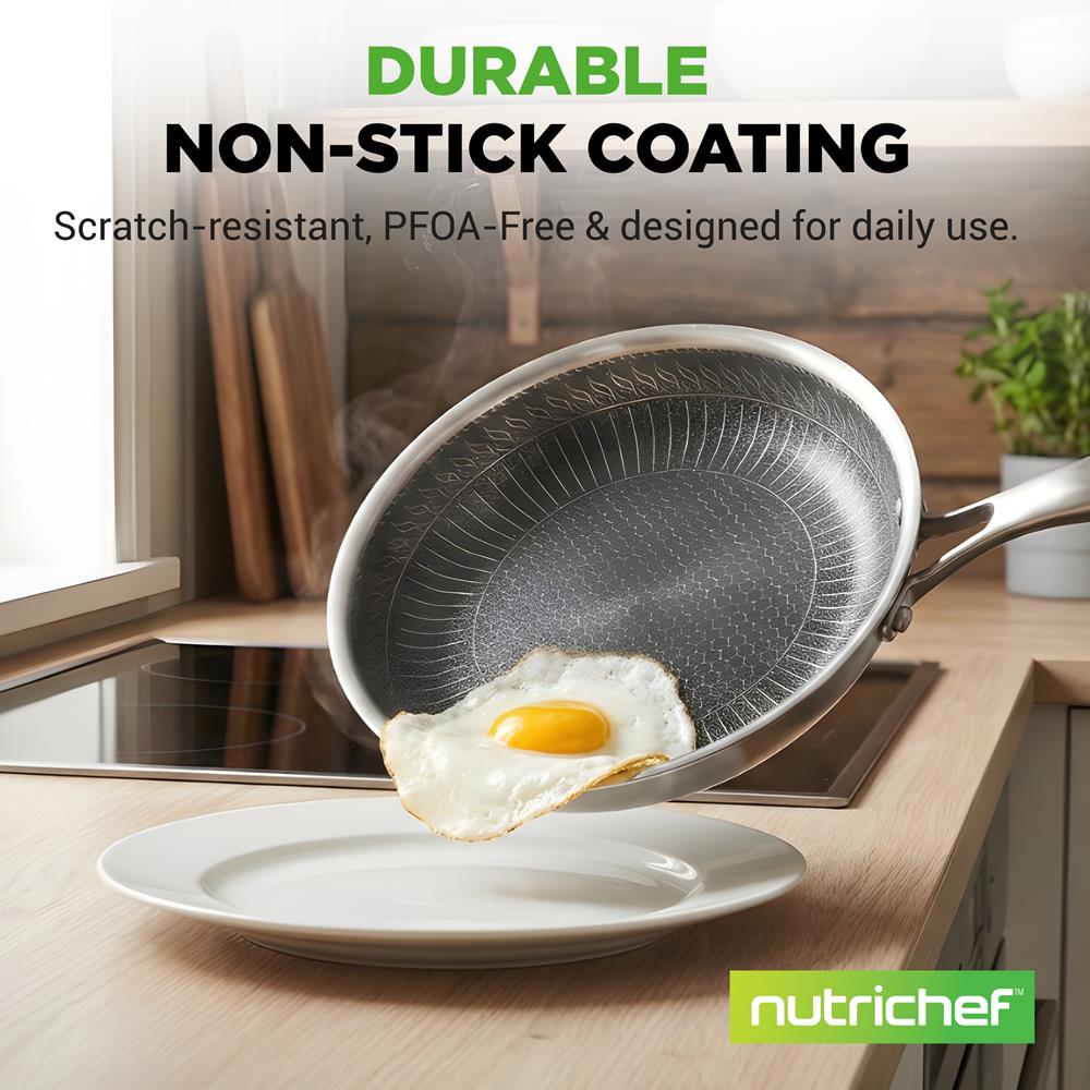 NutriChef 12" Stainless Steel Frying Pan - Triply Hybrid Skillet w/DAKIN Etching Non-Stick Coating, Scratch-resistant Raised-up Honeycomb Fire Textured Pattern, NC3PL12