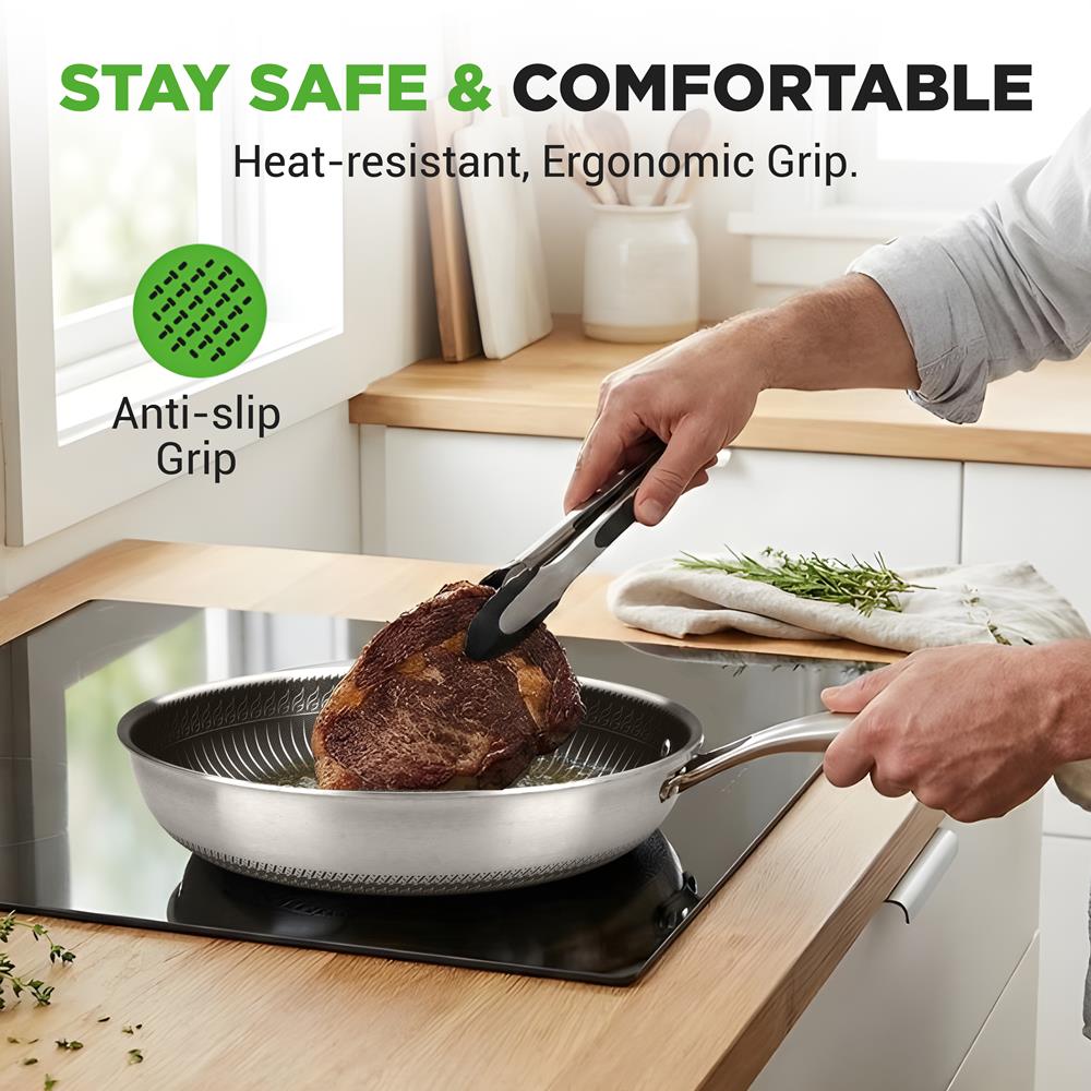 NutriChef 12" Stainless Steel Frying Pan - Triply Hybrid Skillet w/DAKIN Etching Non-Stick Coating, Scratch-resistant Raised-up Honeycomb Fire Textured Pattern, NC3PL12
