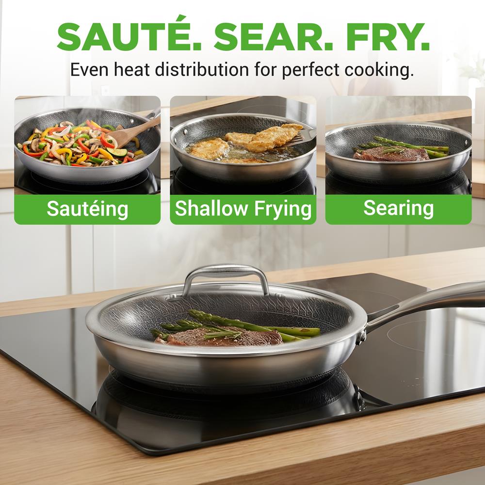 NutriChef 12" Stainless Steel Frying Pan - Triply Hybrid Skillet w/DAKIN Etching Non-Stick Coating, Scratch-resistant Raised-up Honeycomb Fire Textured Pattern, NC3PL12