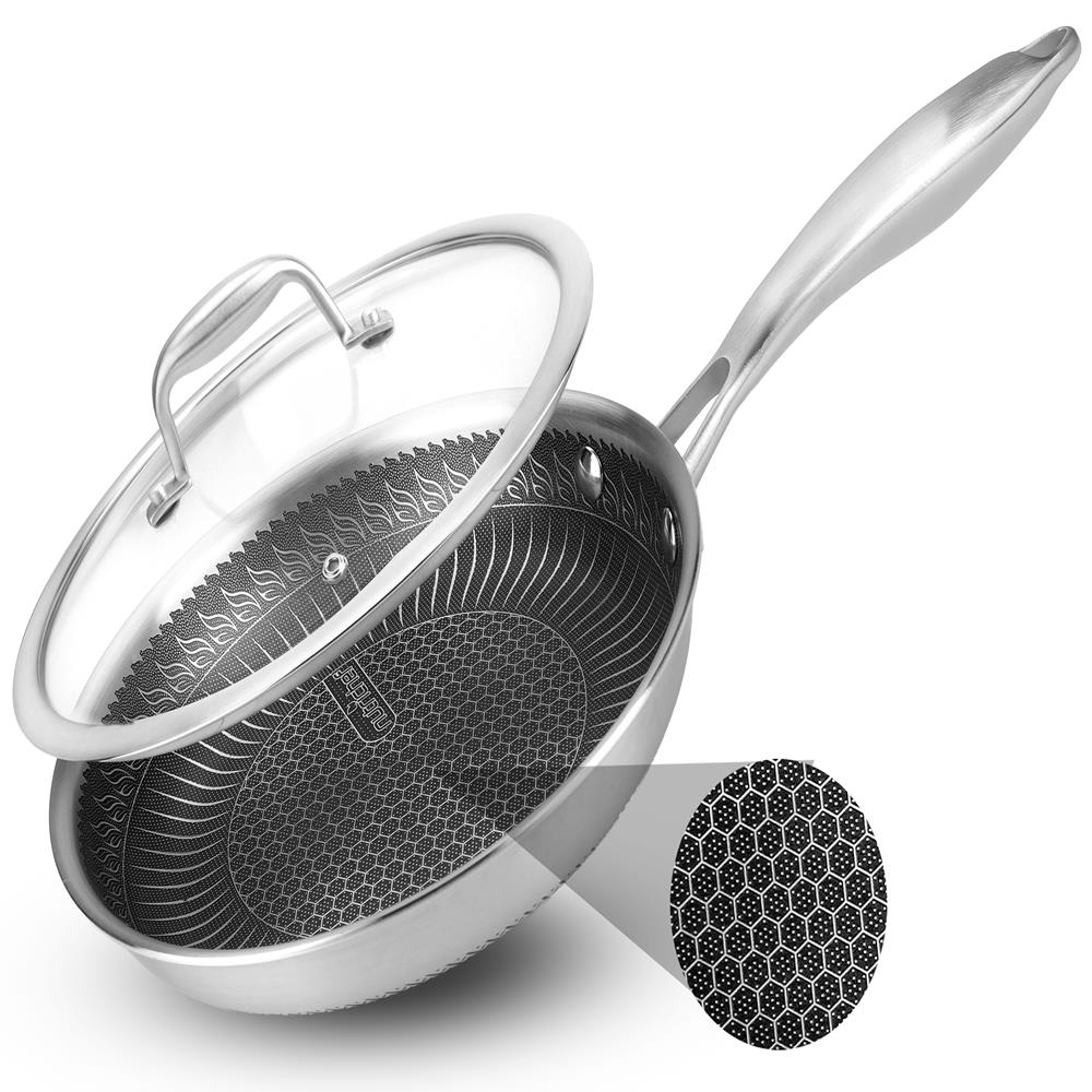 NutriChef 8" Stainless Steel Frying Pan - Triply Kitchenware Stir Fry Pan Kitchen Cookware w/DAKIN Etching Non-Stick Coating, Scratch-resistant Raised-up Honeycomb Fire Textured Pattern - NC3PL8