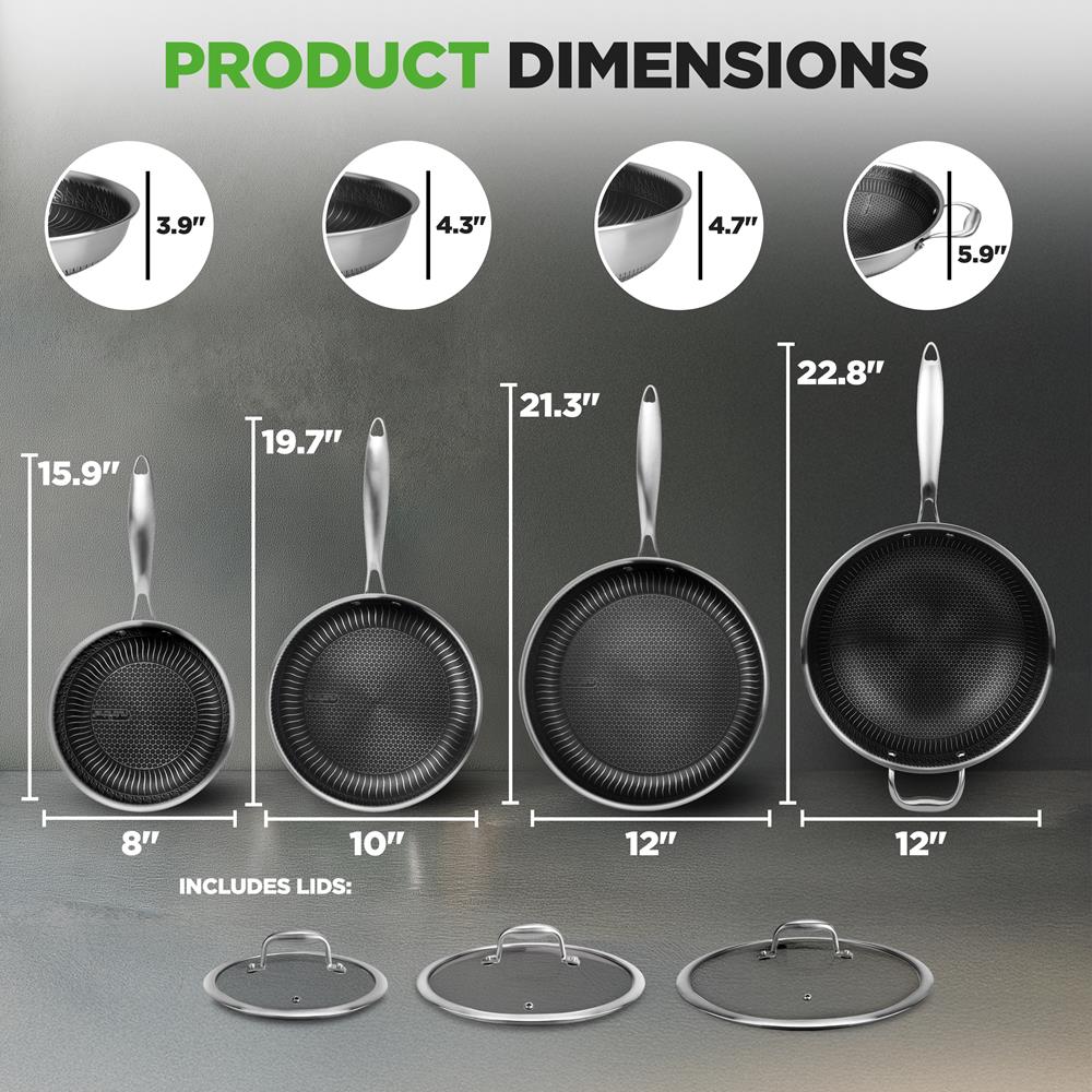 NutriChef 7-Piece Tri-Ply Stainless Steel Frying Pan Set & Wok – Nonstick, Induction Compatible, Oven Safe, Scratch-Resistant, Dishwasher Safe