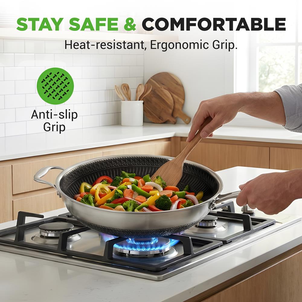 NutriChef 7-Piece Tri-Ply Stainless Steel Frying Pan Set & Wok – Nonstick, Induction Compatible, Oven Safe, Scratch-Resistant, Dishwasher Safe