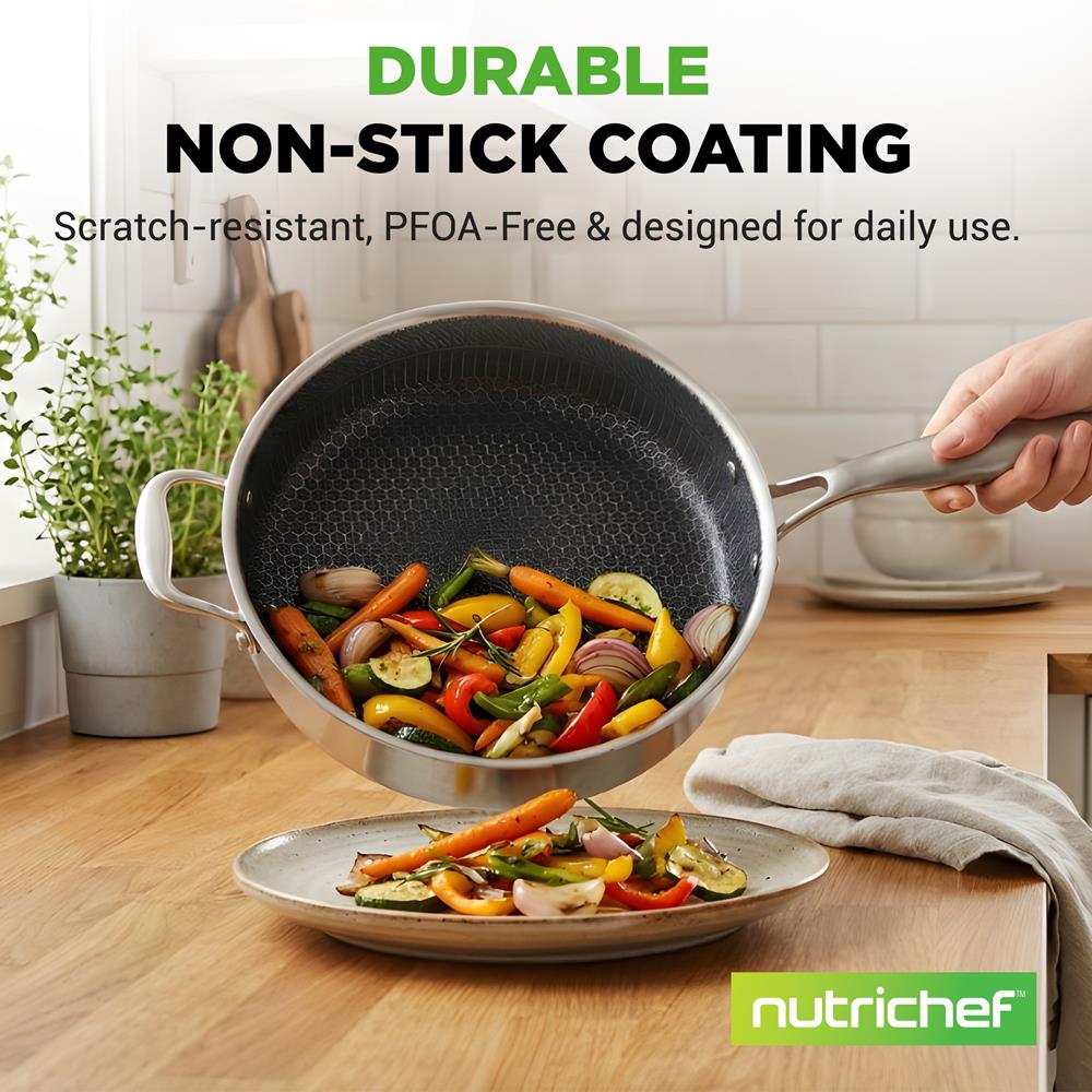 NutriChef 3.4QT Deep Frying Pan with Lid - Stainless Steel Non-Stick Saute Pan, Scratch-Resistant Honeycomb Texture, Oven & Induction Safe Skillet
