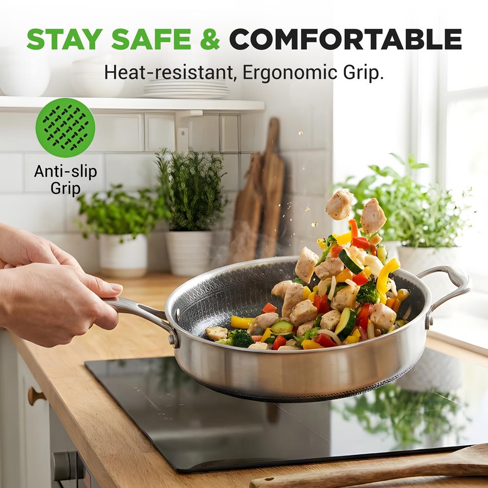 NutriChef 3.4QT Deep Frying Pan with Lid - Stainless Steel Non-Stick Saute Pan, Scratch-Resistant Honeycomb Texture, Oven & Induction Safe Skillet