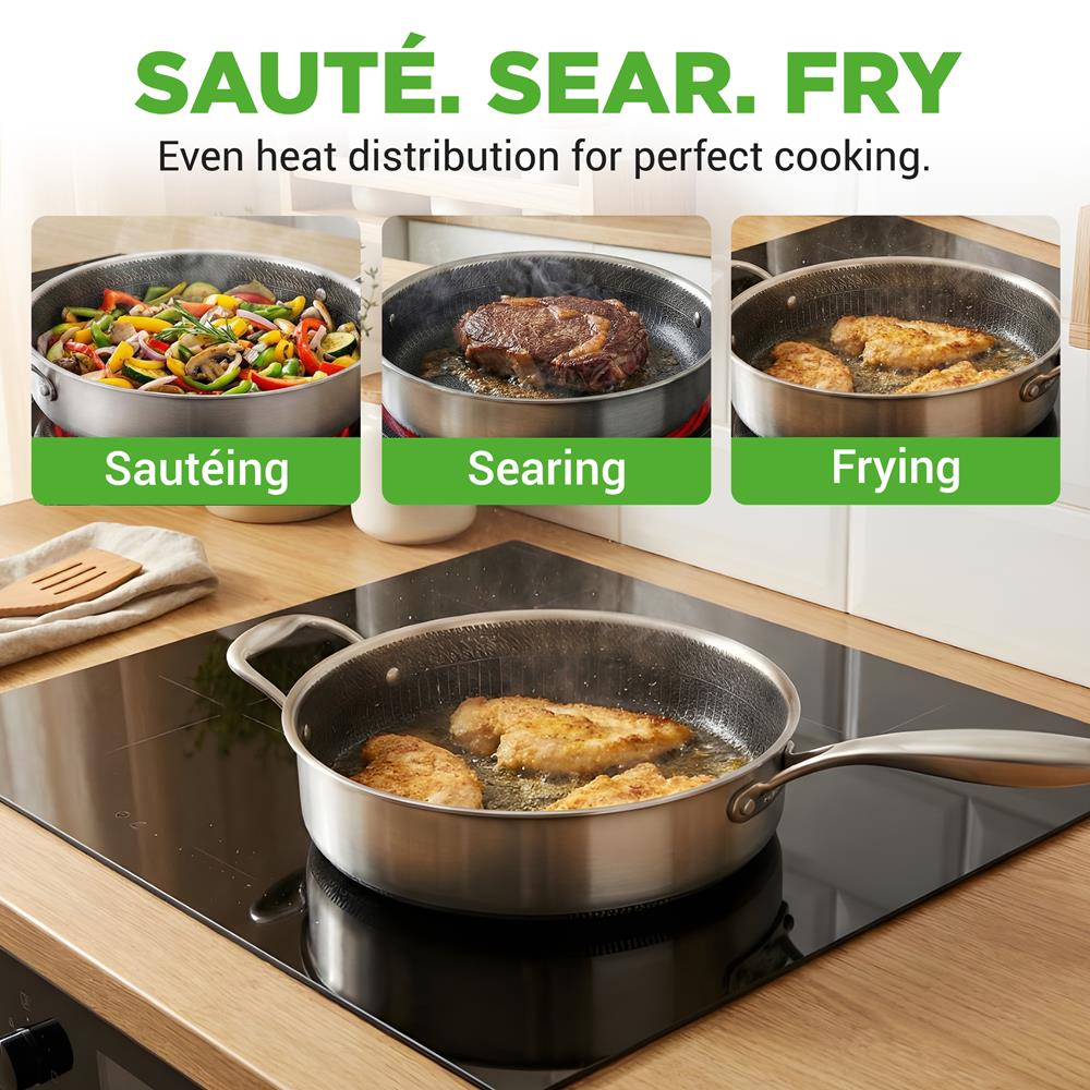 NutriChef 3.4QT Deep Frying Pan with Lid - Stainless Steel Non-Stick Saute Pan, Scratch-Resistant Honeycomb Texture, Oven & Induction Safe Skillet