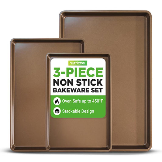 NutriChef 3-Piece Nonstick Baking Pans Set - Thick Carbon Steel Oven Bake Trays - Includes XL, Medium, & Small Sizes - Versatile Cookie Sheets for Baking & Roasting, Dishwasher Safe - Gold