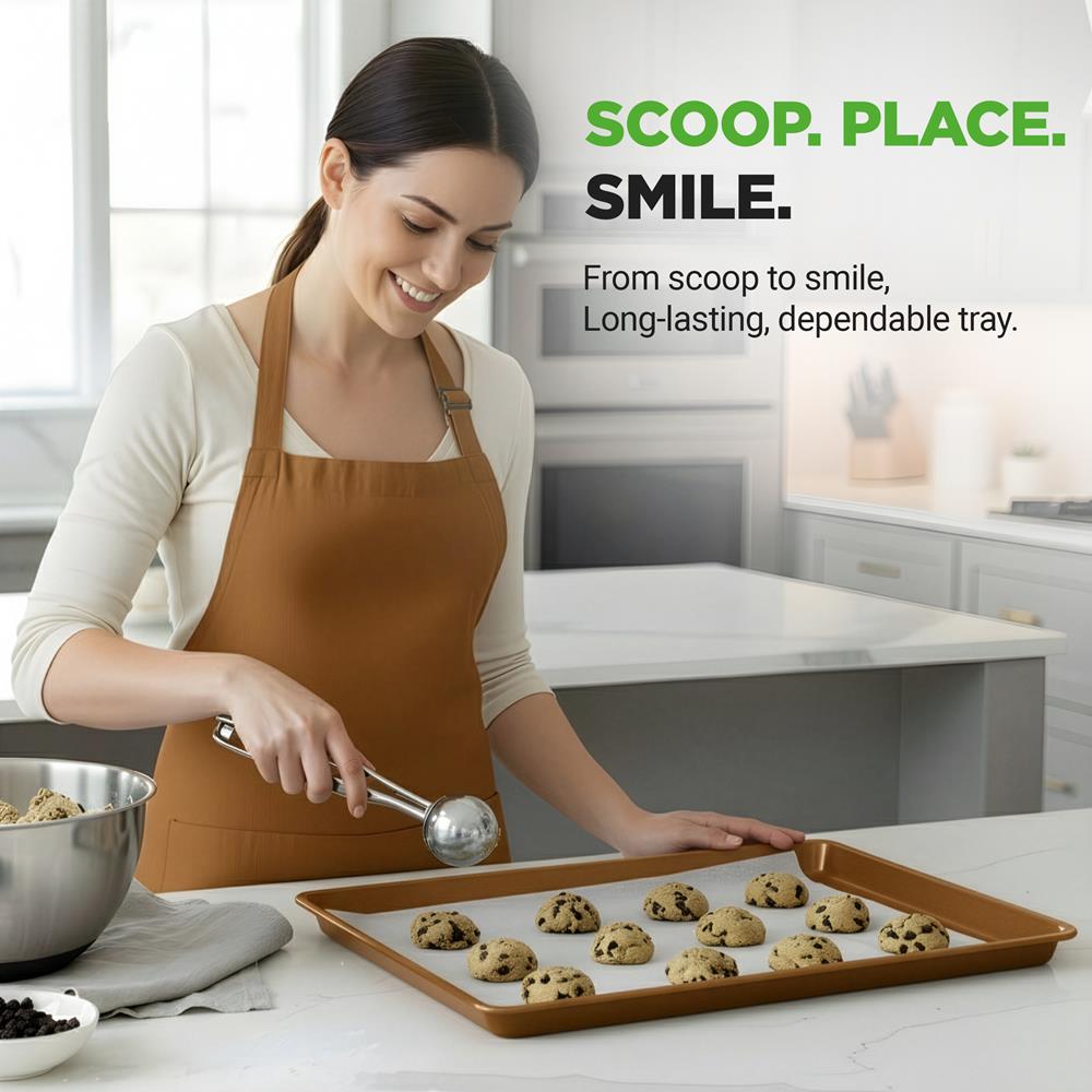 NutriChef 3-Piece Nonstick Baking Pans Set - Thick Carbon Steel Oven Bake Trays - Includes XL, Medium, & Small Sizes - Versatile Cookie Sheets for Baking & Roasting, Dishwasher Safe - Gold