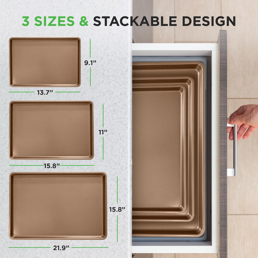 NutriChef 3-Piece Nonstick Baking Pans Set - Thick Carbon Steel Oven Bake Trays - Includes XL, Medium, & Small Sizes - Versatile Cookie Sheets for Baking & Roasting, Dishwasher Safe - Gold