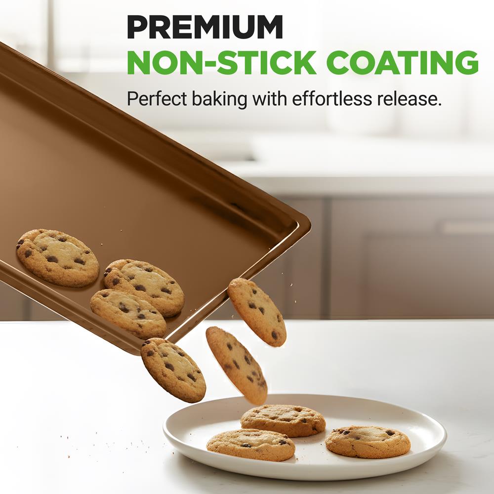 NutriChef 3-Piece Nonstick Baking Pans Set - Thick Carbon Steel Oven Bake Trays - Includes XL, Medium, & Small Sizes - Versatile Cookie Sheets for Baking & Roasting, Dishwasher Safe - Gold
