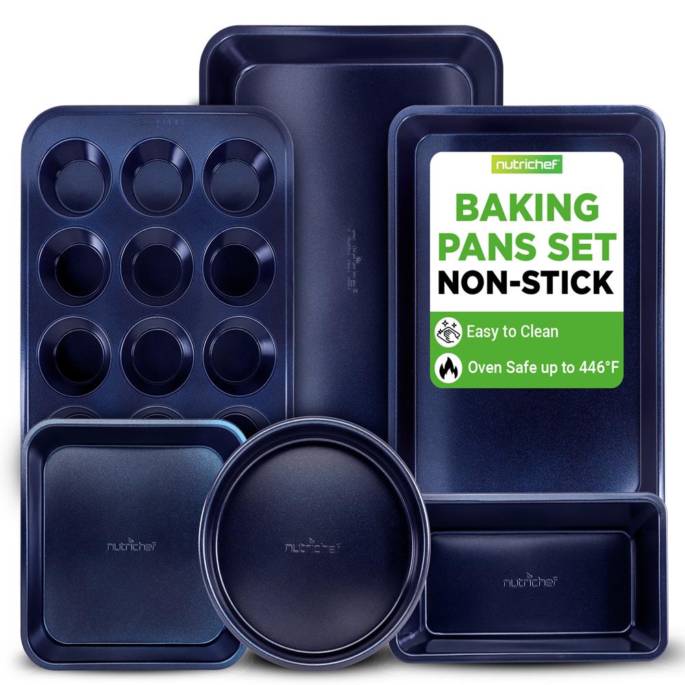 NutriChef Non-Stick Kitchen Oven Baking Pans - Carbon Steel Blue Diamond Coating Inside & Outside, Commercial Grade Restaurant Quality Metal Bakeware, Dishwasher Safe-NCBK6TRB
