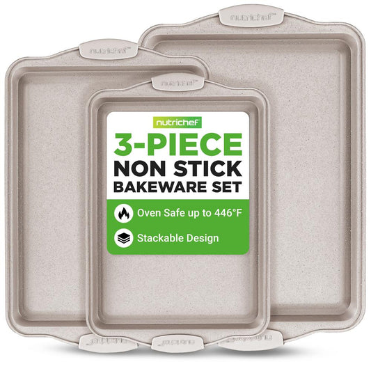 NutriChef 3 Piece Nonstick Cookie Sheets for Baking - Premium Carbon Steel Baking Pans with White Silicone Handles - Even Heat Distribution, PFOA/PFOS/PTFE Free, Easy to Clean - Cream Marble, NCBKT3CM