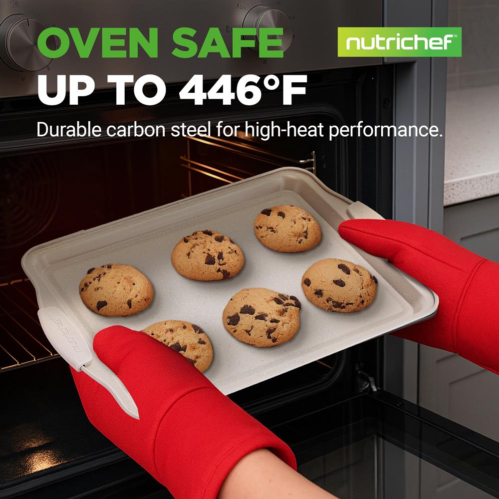 NutriChef 3 Piece Nonstick Cookie Sheets for Baking - Premium Carbon Steel Baking Pans with White Silicone Handles - Even Heat Distribution, PFOA/PFOS/PTFE Free, Easy to Clean - Cream Marble, NCBKT3CM