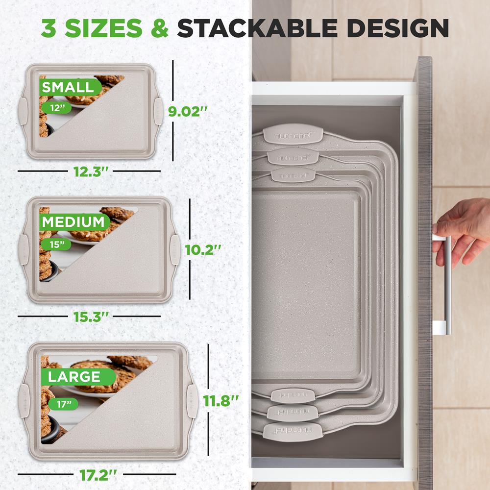 NutriChef 3 Piece Nonstick Cookie Sheets for Baking - Premium Carbon Steel Baking Pans with White Silicone Handles - Even Heat Distribution, PFOA/PFOS/PTFE Free, Easy to Clean - Cream Marble, NCBKT3CM