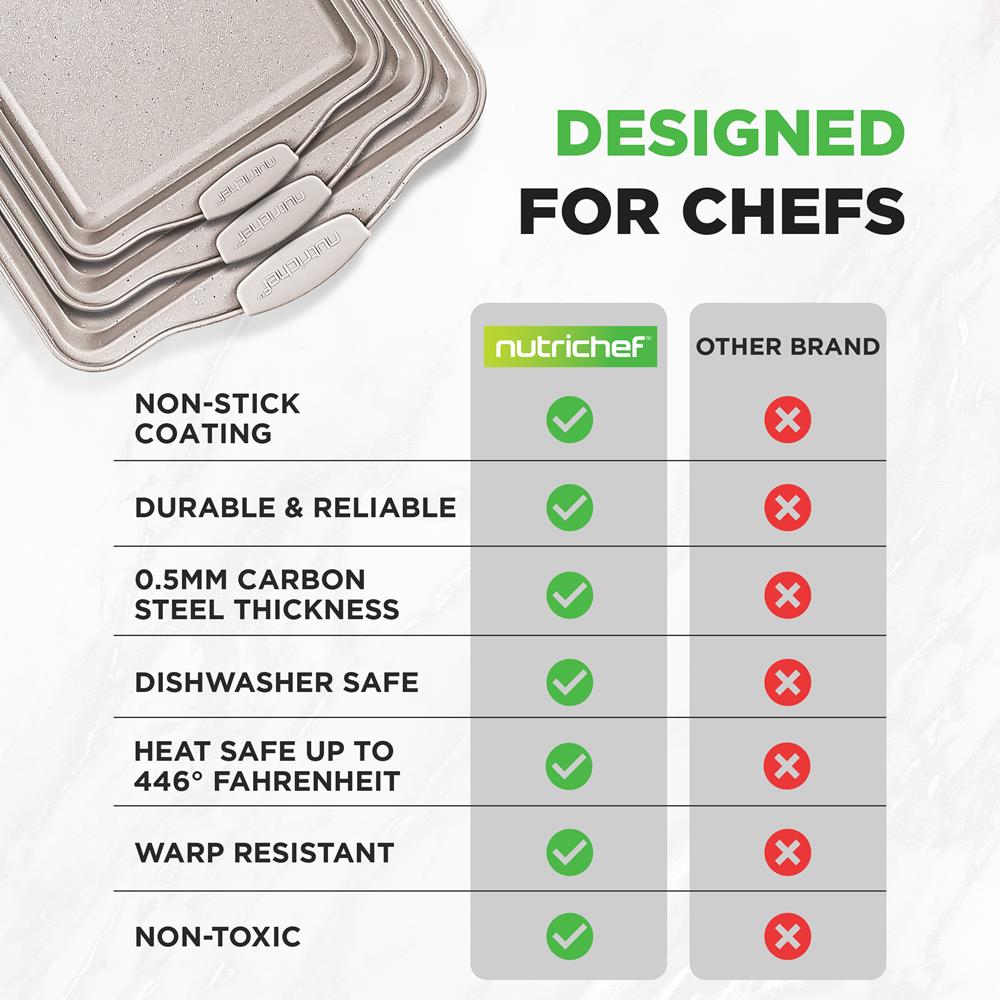 NutriChef 3 Piece Nonstick Cookie Sheets for Baking - Premium Carbon Steel Baking Pans with White Silicone Handles - Even Heat Distribution, PFOA/PFOS/PTFE Free, Easy to Clean - Cream Marble, NCBKT3CM